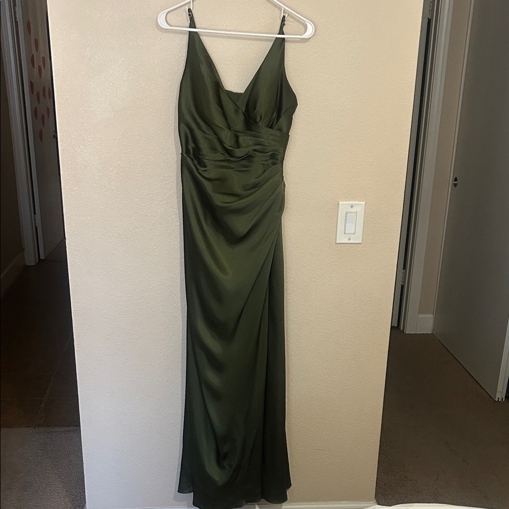 David's Bridal Olive Satin V-Neck Maxi Gown